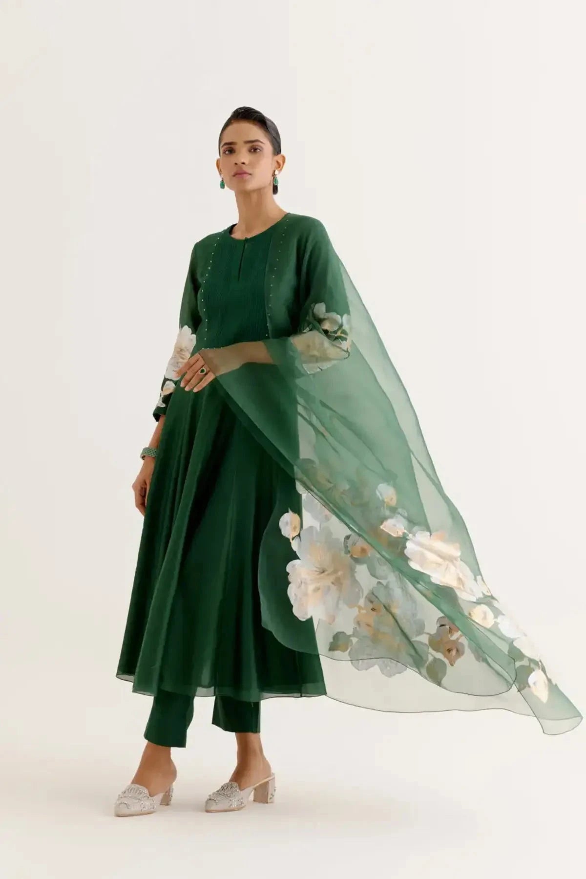 Emerald Green Hand - Printed Anarkali Set - Pallodstore