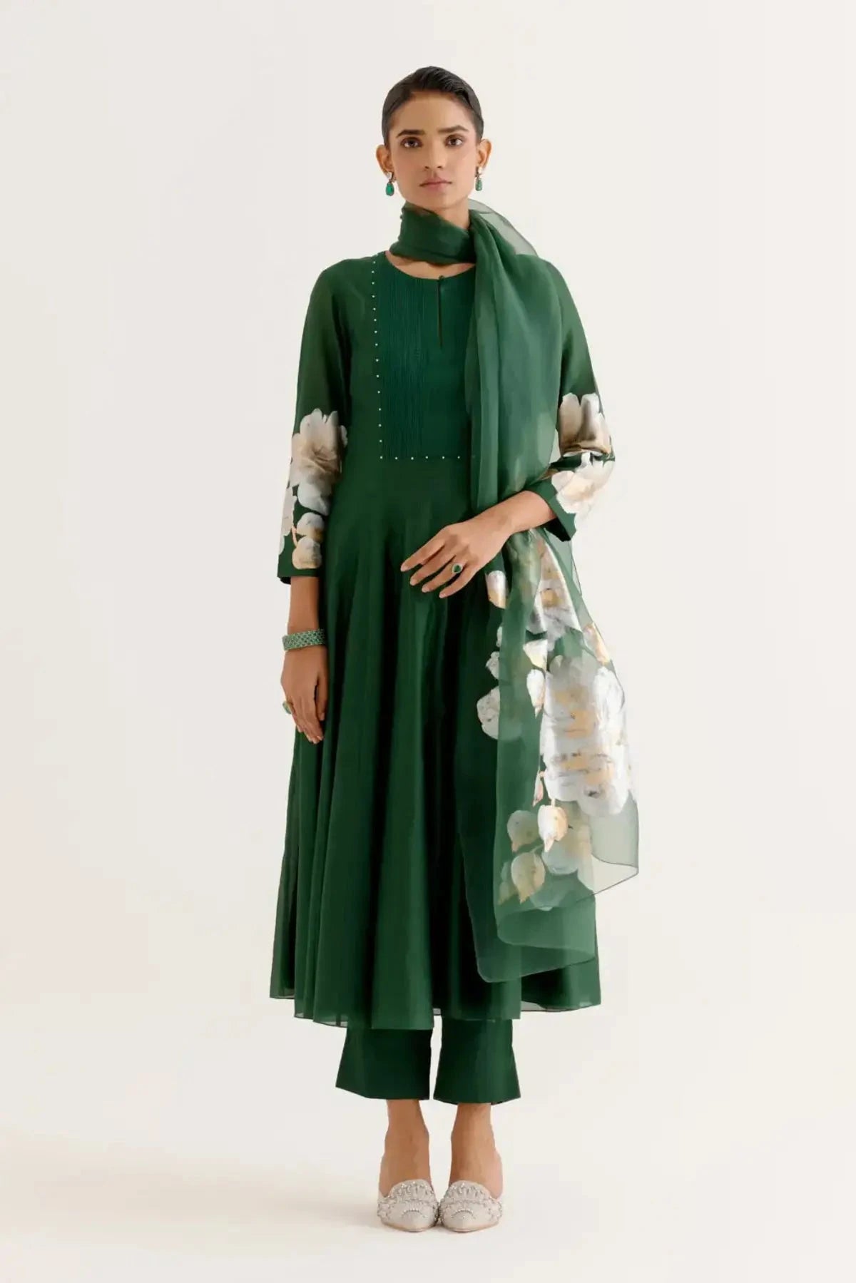 Emerald Green Hand - Printed Anarkali Set - Pallodstore