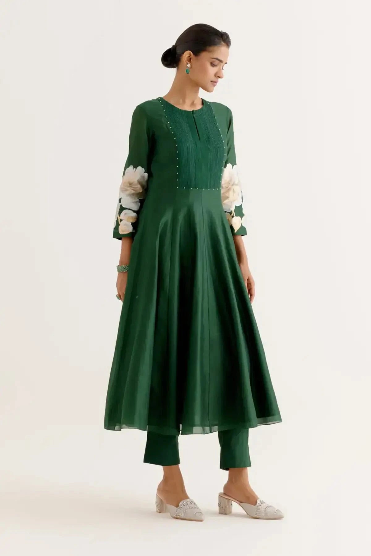 Emerald Green Hand - Printed Anarkali Set - Pallodstore