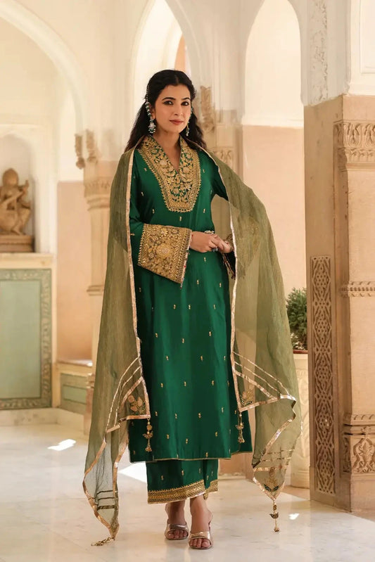 Emerald Green Riwayat Stand Collar Kurta Set - Pallodstore