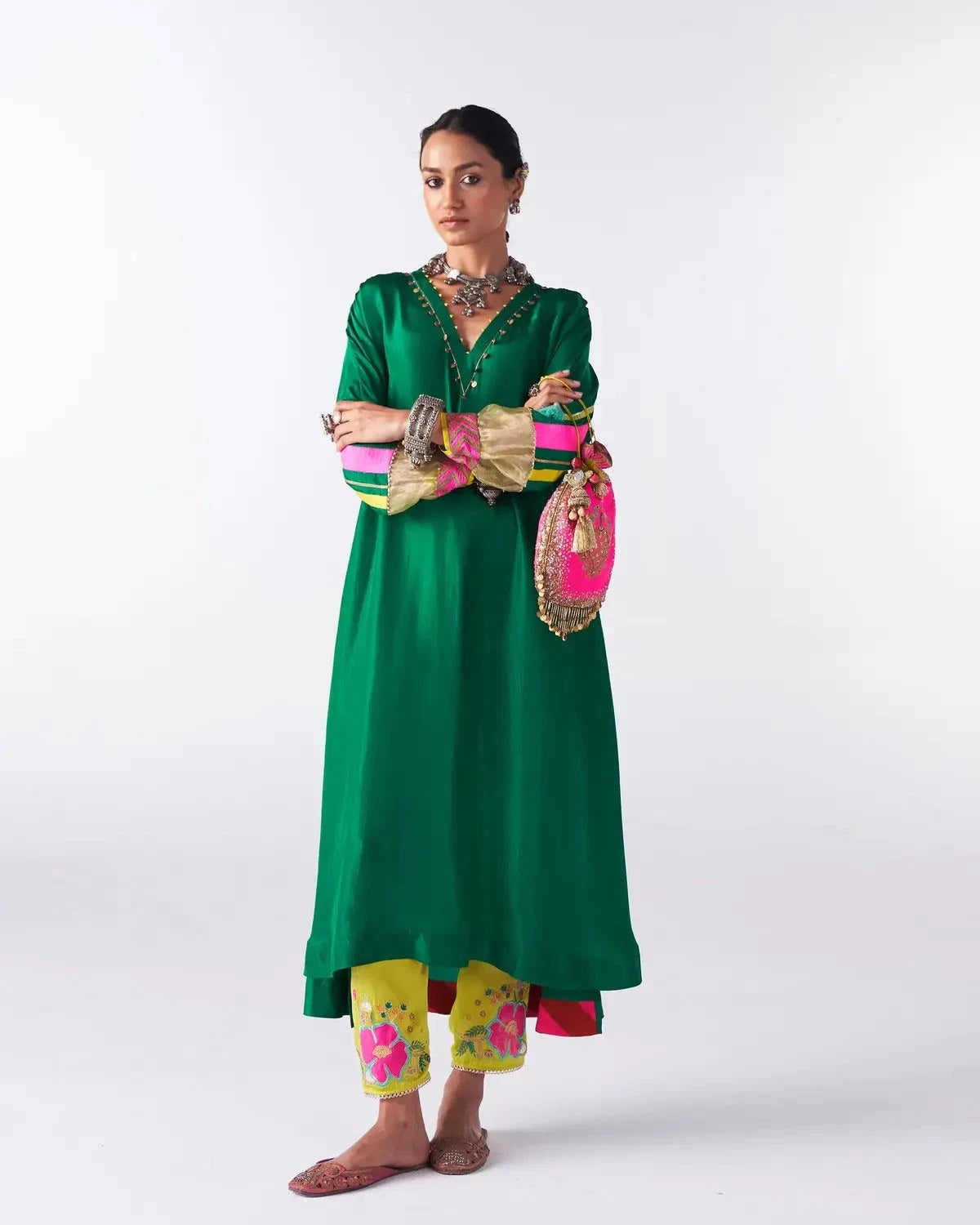 Emerald Green Silk Back Stripe Kaftan Kurta Set - Pallodstore