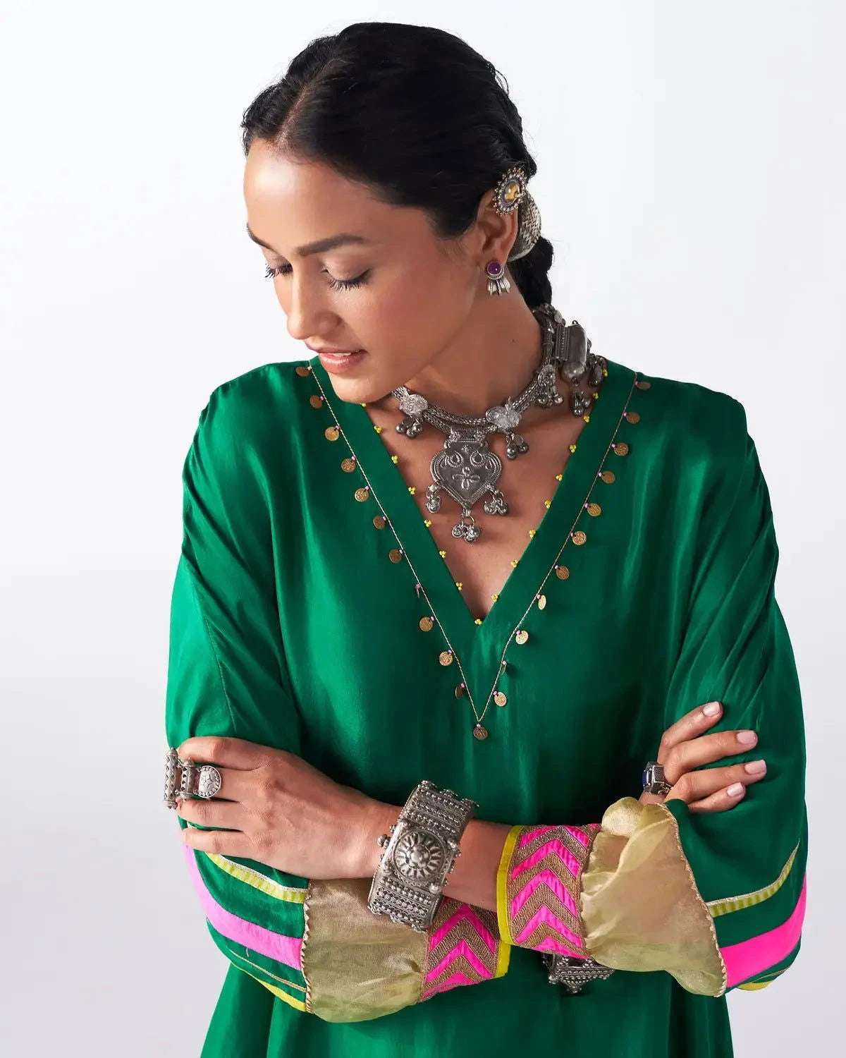Emerald Green Silk Back Stripe Kaftan Kurta Set - Pallodstore
