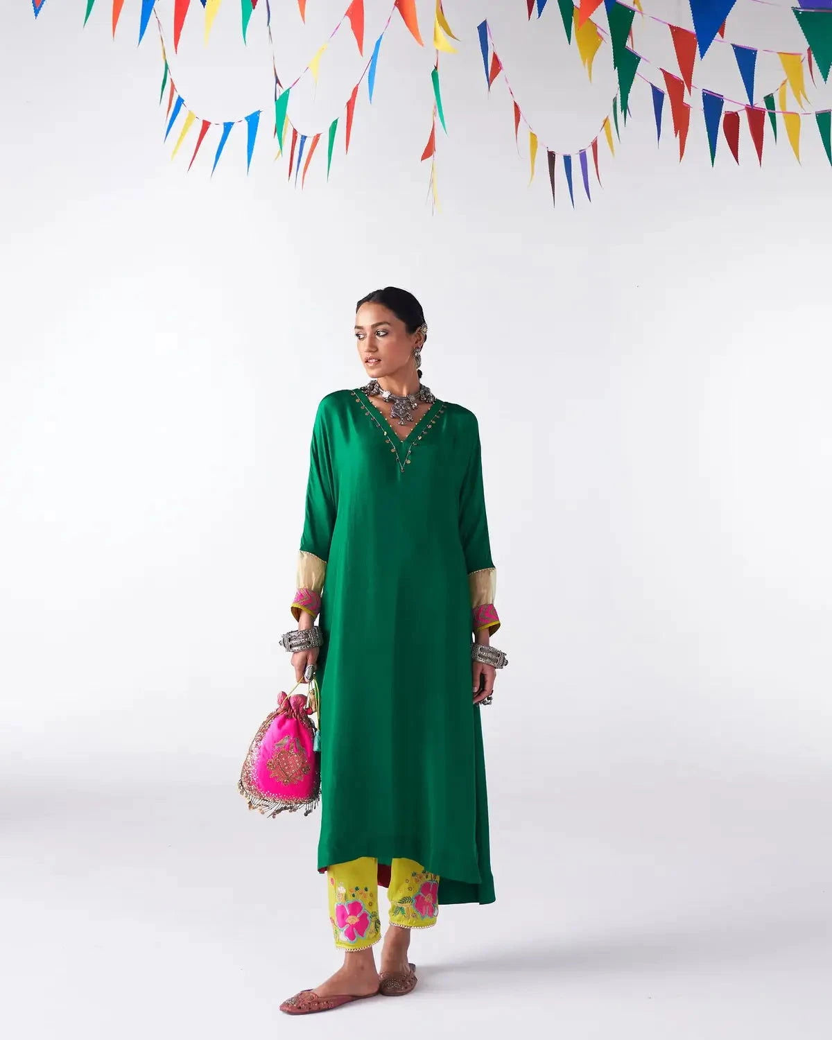 Emerald Green Silk Back Stripe Kaftan Kurta Set - Pallodstore
