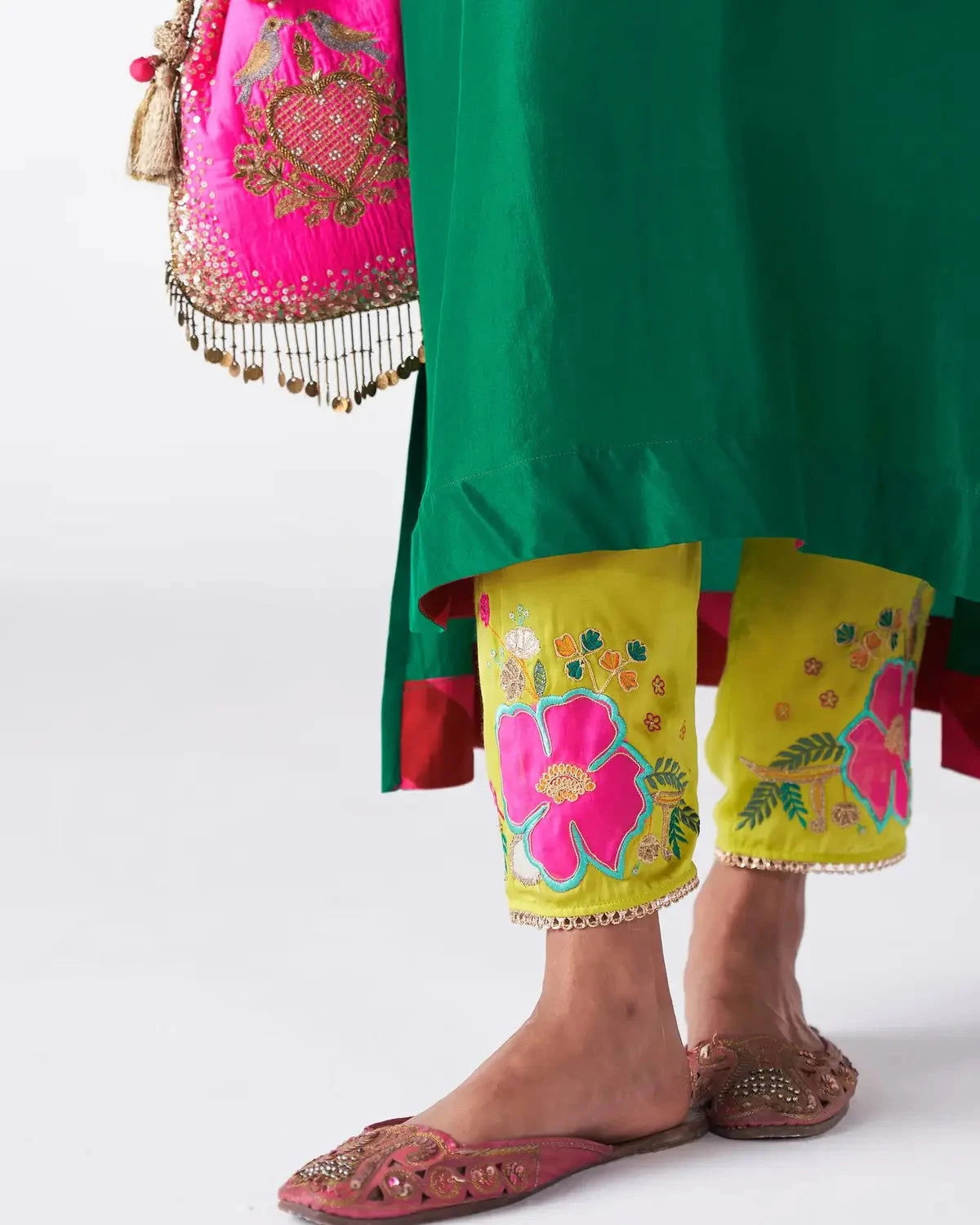 Emerald Green Silk Back Stripe Kaftan Kurta Set - Pallodstore