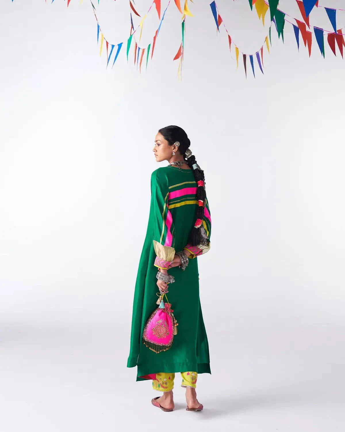 Emerald Green Silk Back Stripe Kaftan Kurta Set - Pallodstore