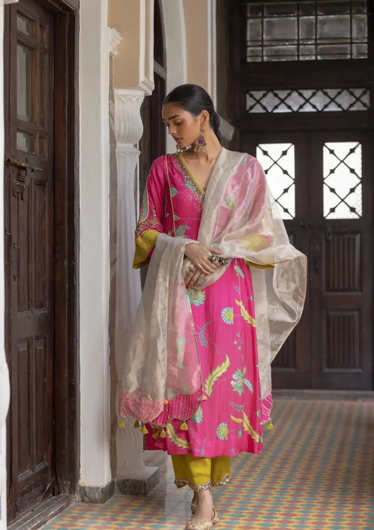 Fariba Hot Pink Printed Side Kali Kurta Set - Pallodstore