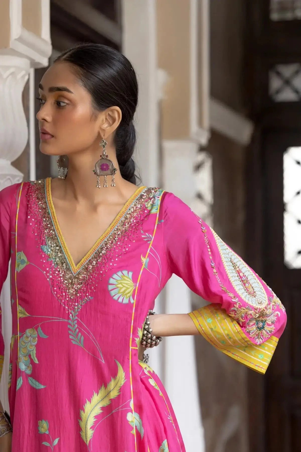 Fariba Hot Pink Printed Side Kali Kurta Set - Pallodstore