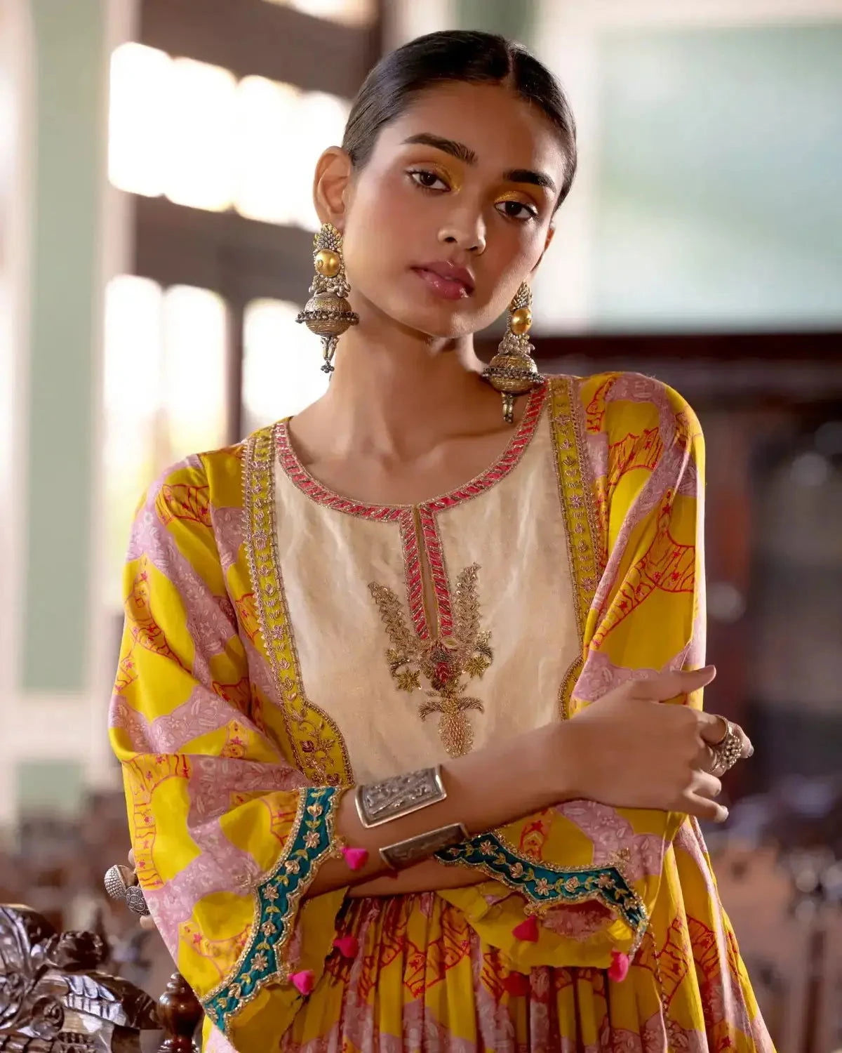 Fariba Lime Yellow Ivory Yoke Kurta Set - Pallodstore