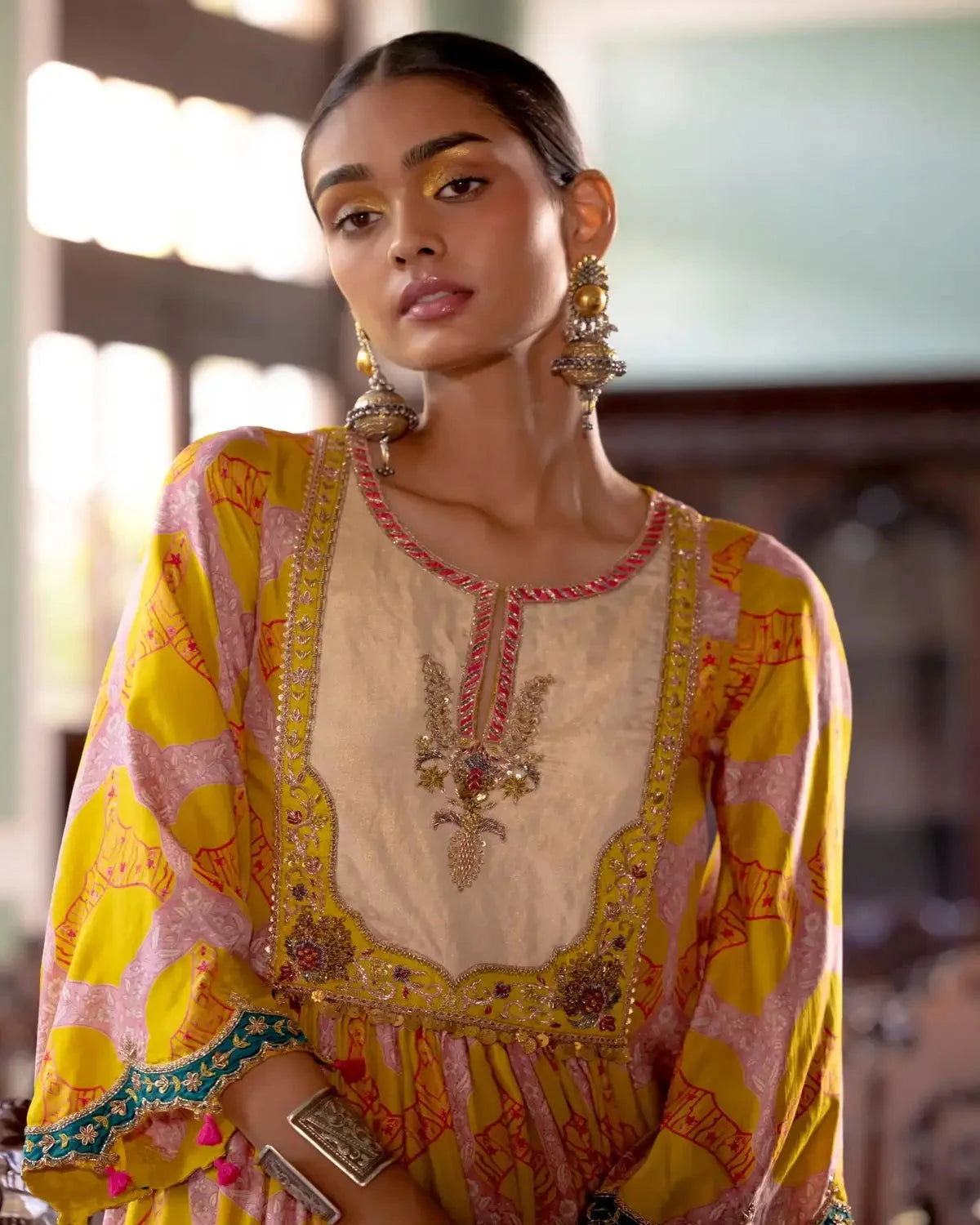Fariba Lime Yellow Ivory Yoke Kurta Set - Pallodstore