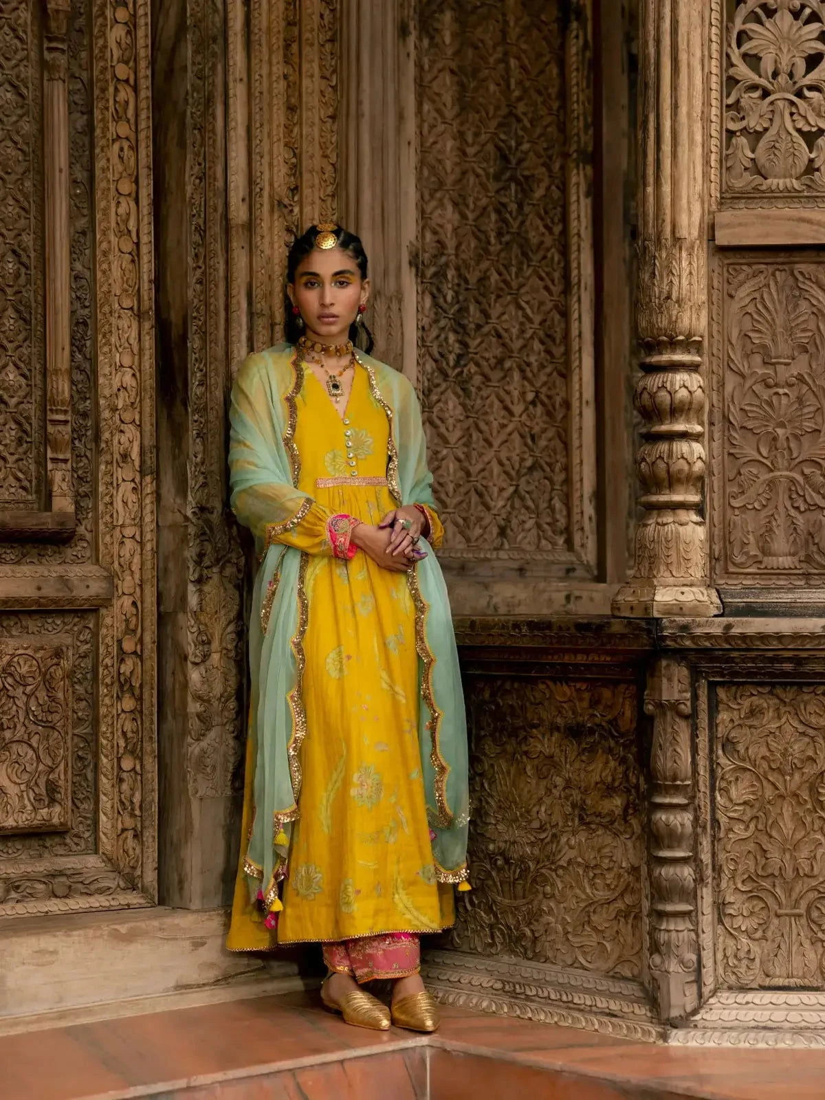 Fariba Lime Yellow Printed Back Yoke Kurta Set - Pallodstore