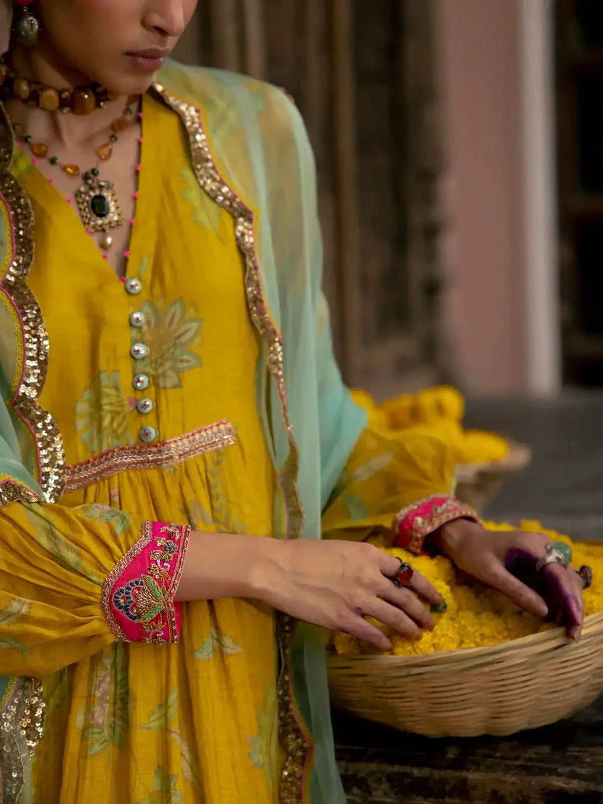 Fariba Lime Yellow Printed Back Yoke Kurta Set - Pallodstore