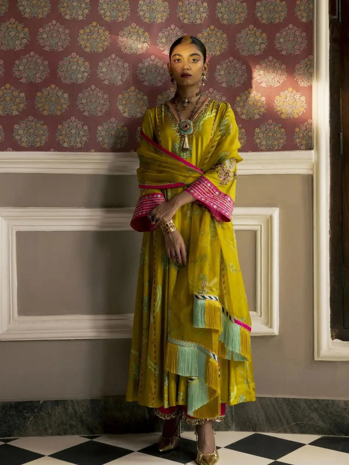 Fariba Lime Yellow Printed Side Kali Kurta Set - Pallodstore