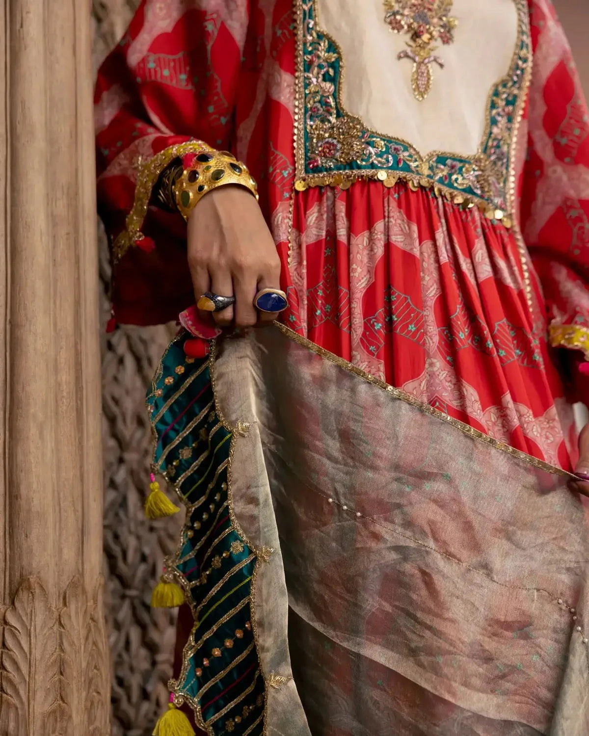Fariba Red Ivory Yoke Kurta Set - Pallodstore