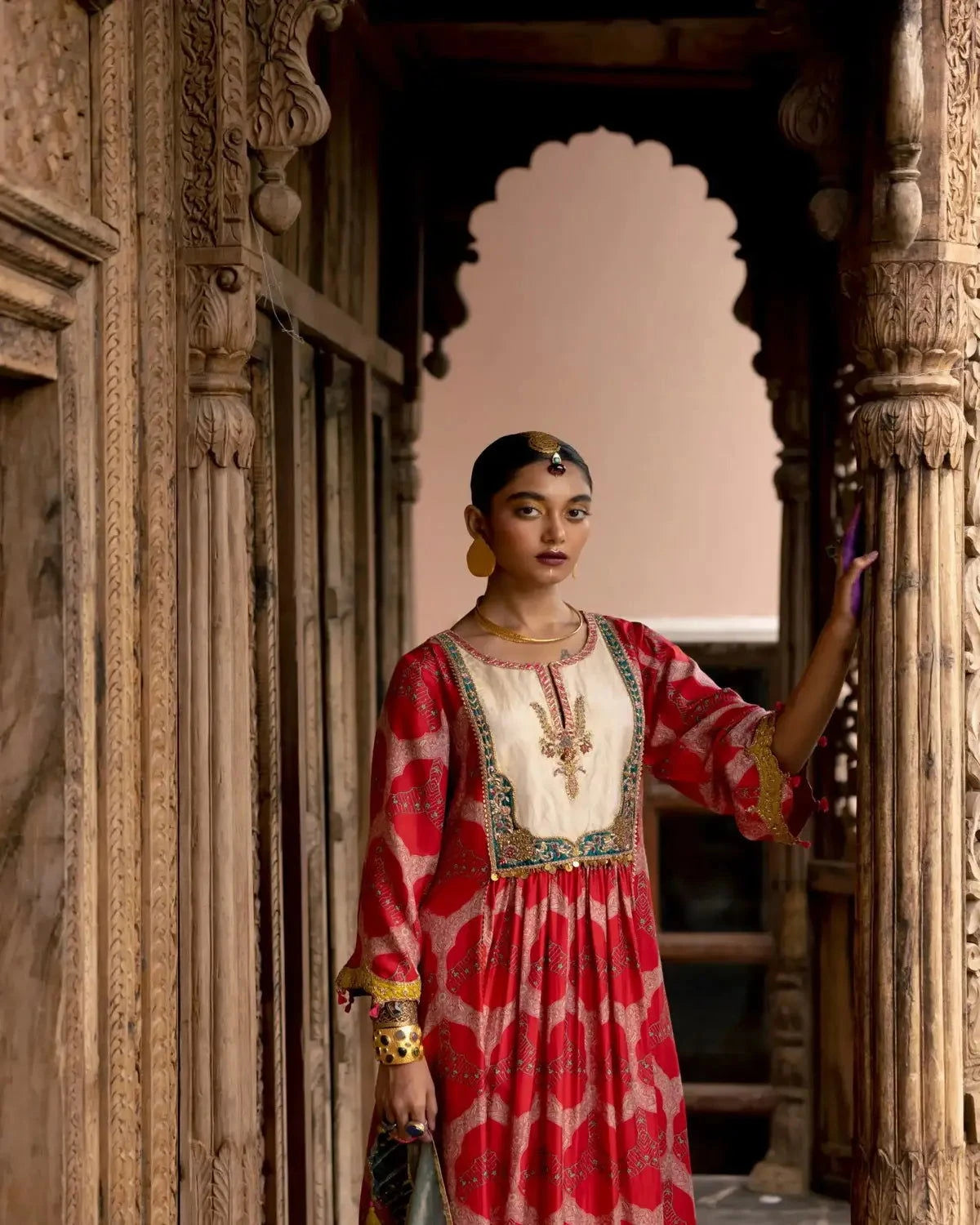 Fariba Red Ivory Yoke Kurta Set - Pallodstore