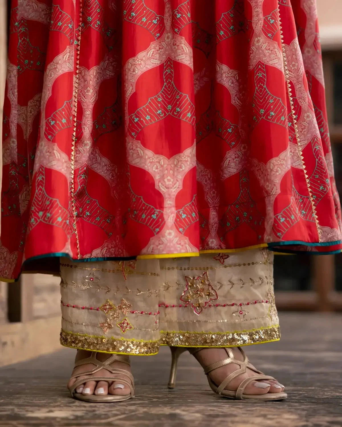 Fariba Red Ivory Yoke Kurta Set - Pallodstore