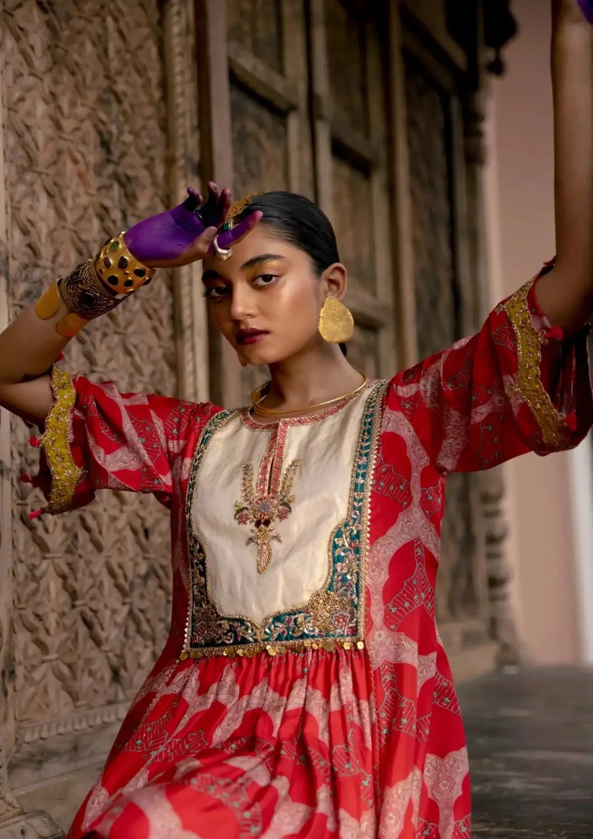 Fariba Red Ivory Yoke Kurta Set - Pallodstore