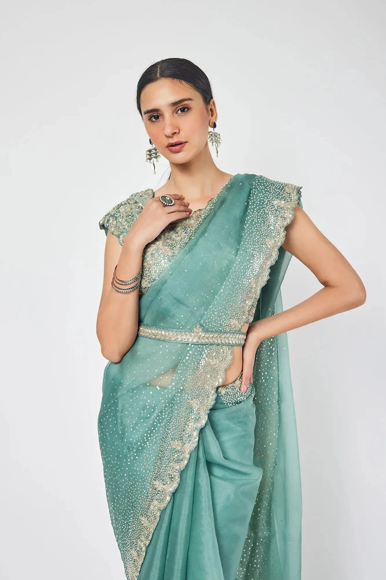 Fern Green Organza stone and cutdana work saree - Pallodstore