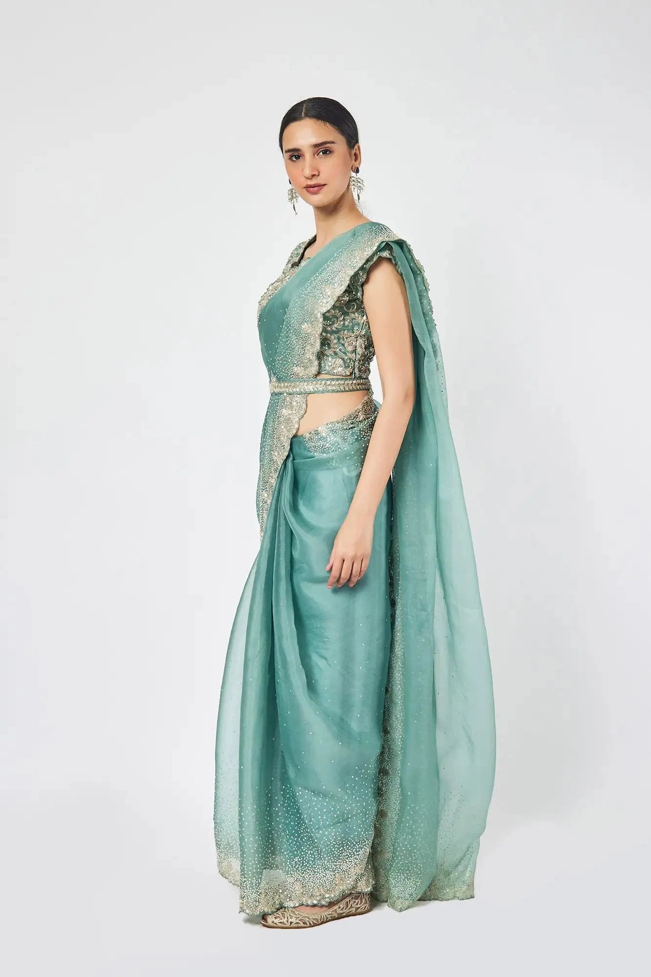 Fern Green Organza stone and cutdana work saree - Pallodstore
