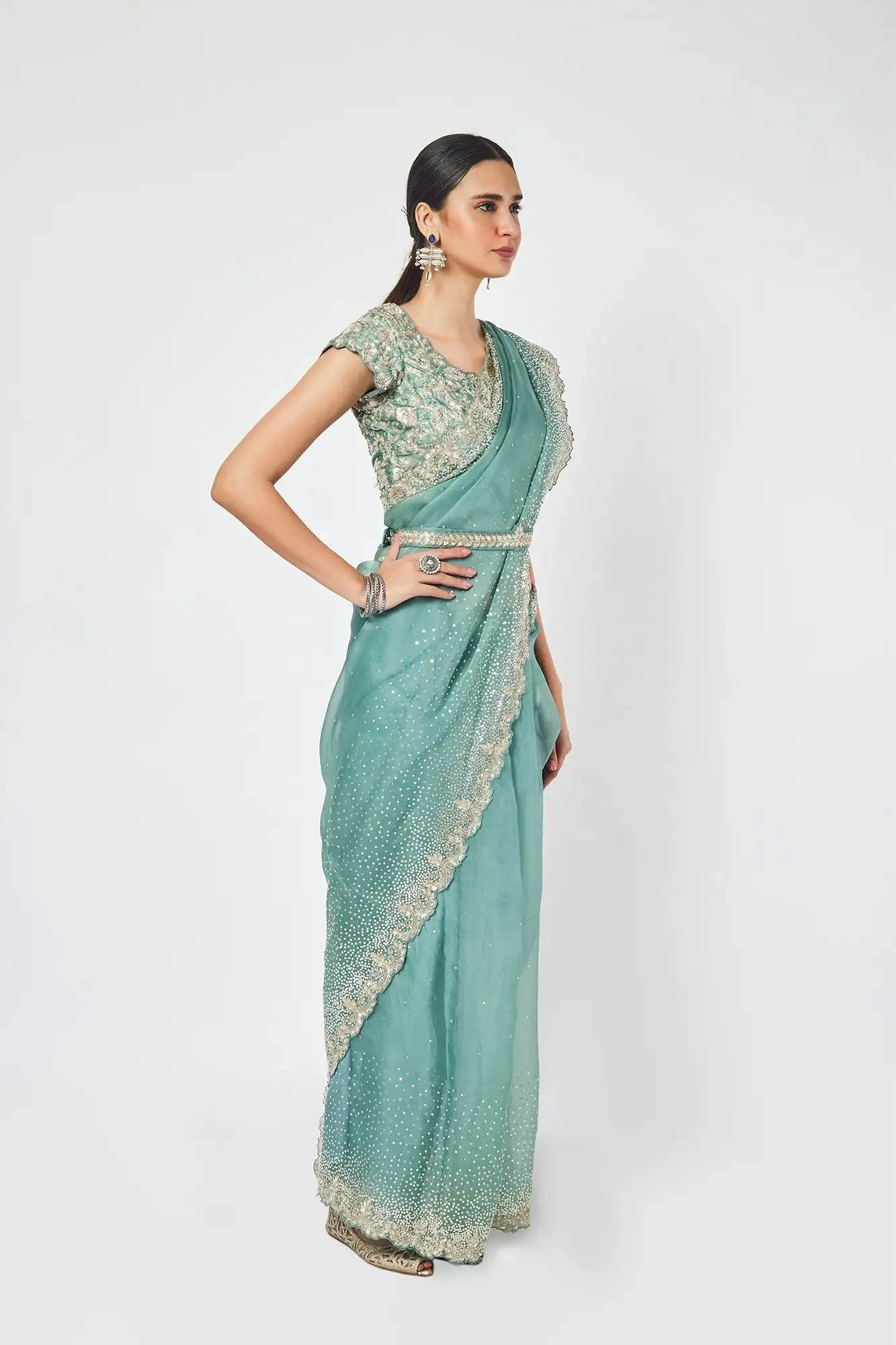Fern Green Organza stone and cutdana work saree - Pallodstore