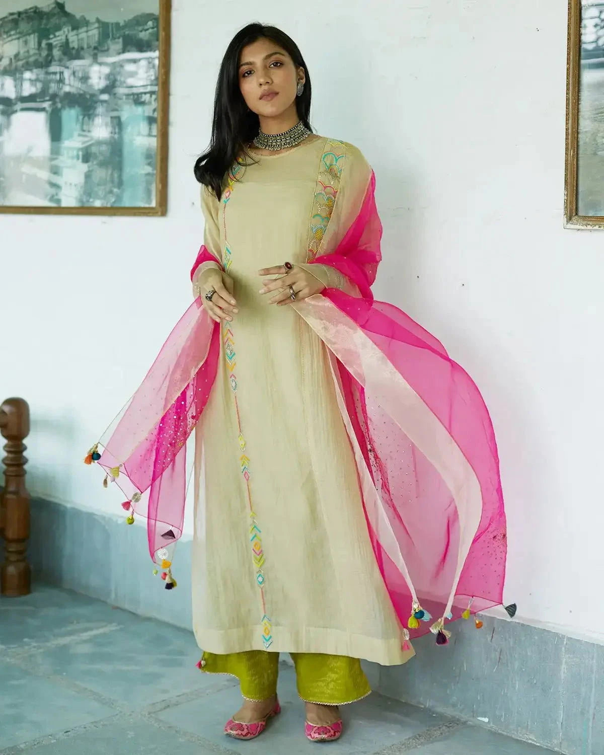 Firdaus Beige Side Yoke Kurta Set - Pallodstore