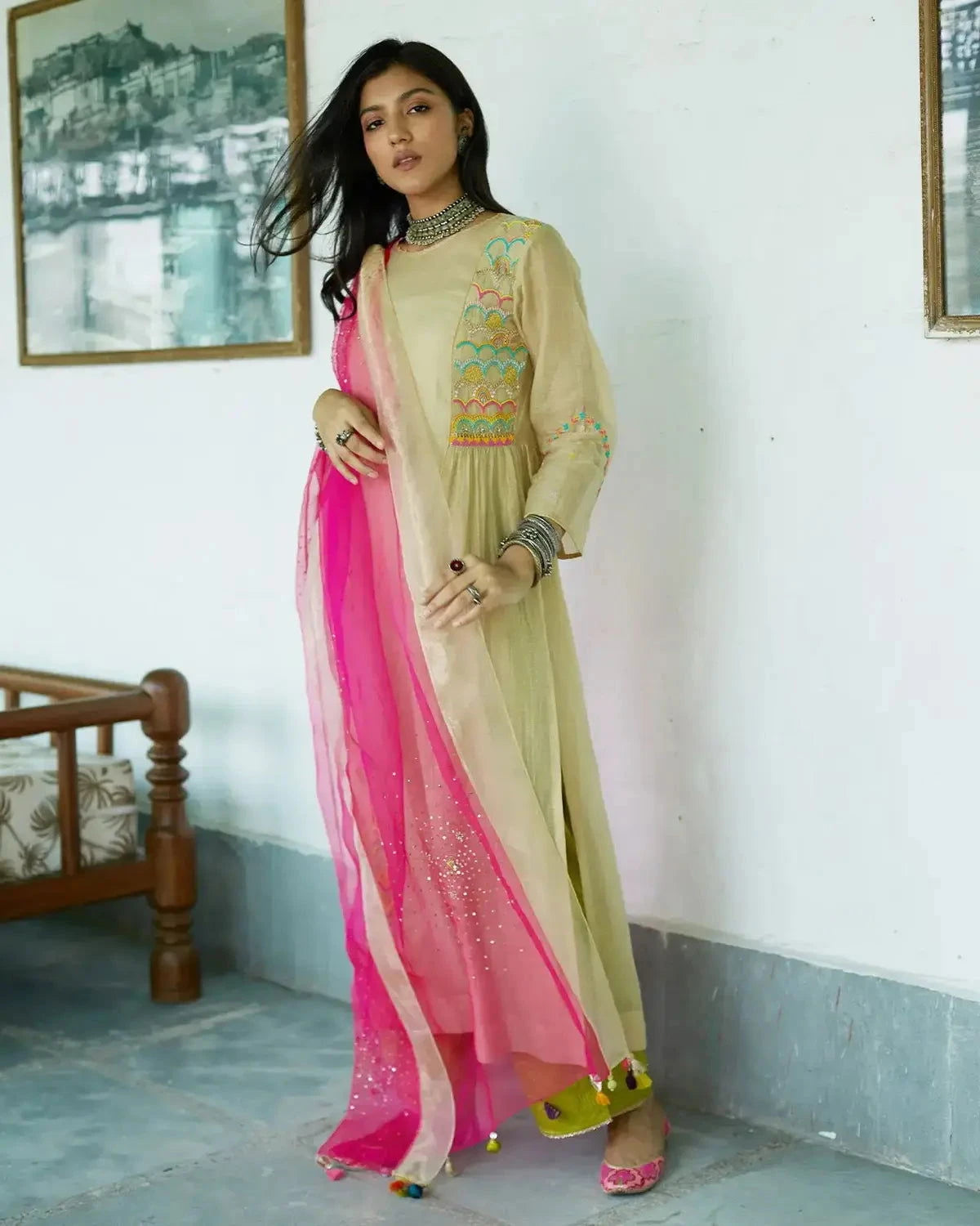 Firdaus Beige Side Yoke Kurta Set - Pallodstore