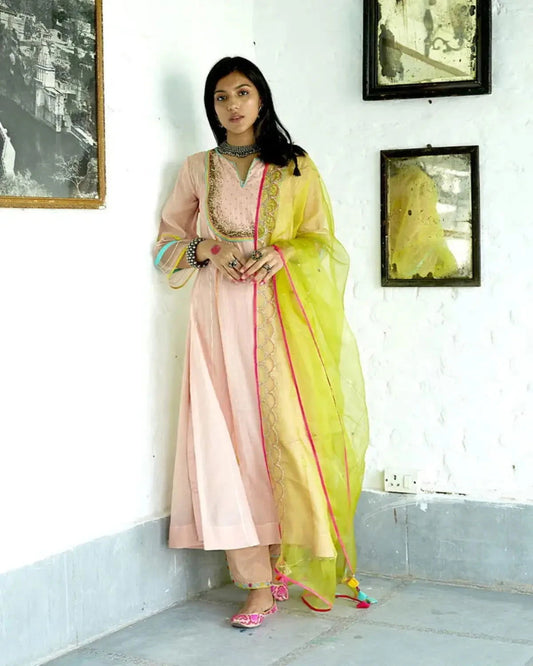 Firdaus Nude Pink Sequence Yoke Kurta Set - Pallodstore