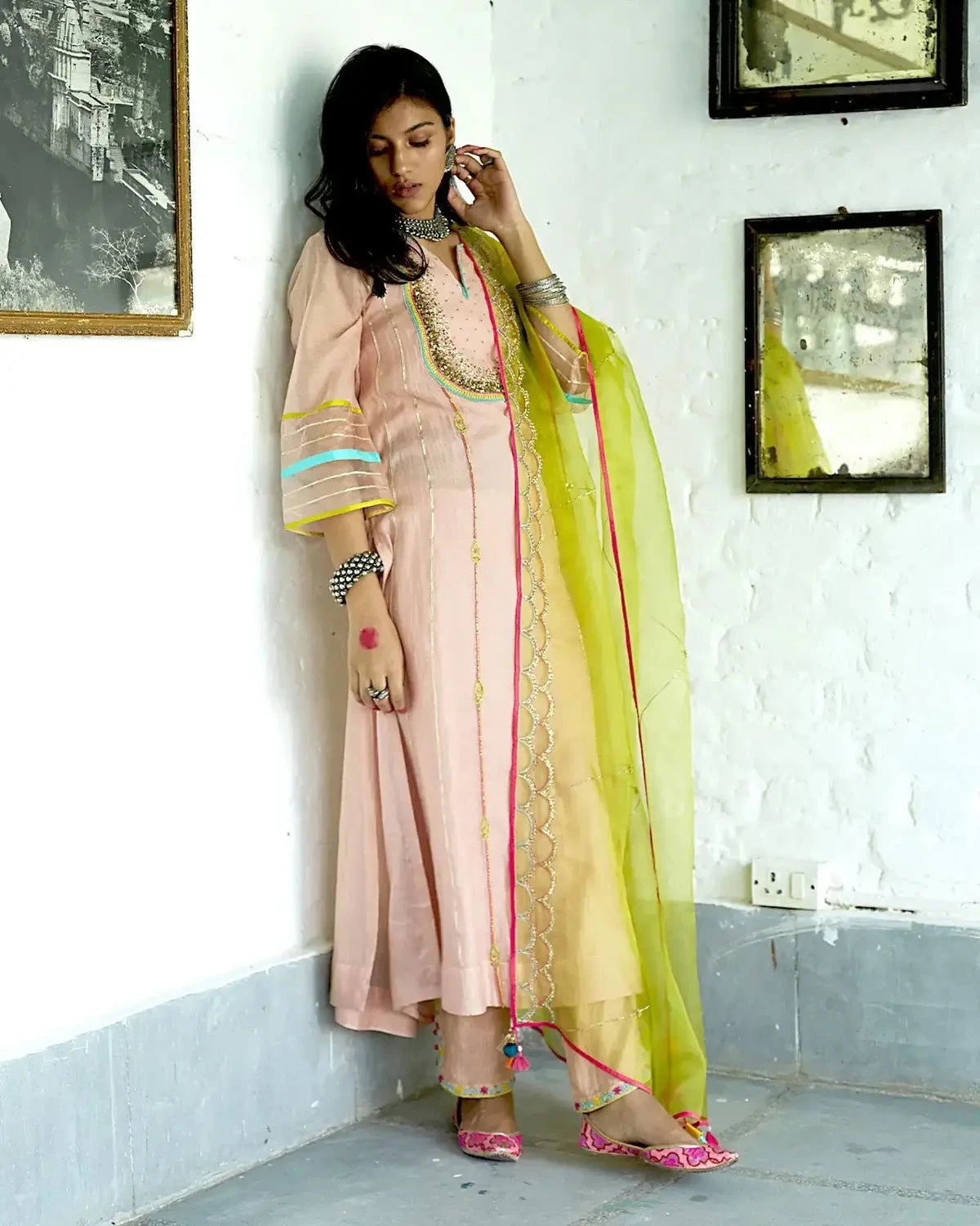 Firdaus Nude Pink Sequence Yoke Kurta Set - Pallodstore