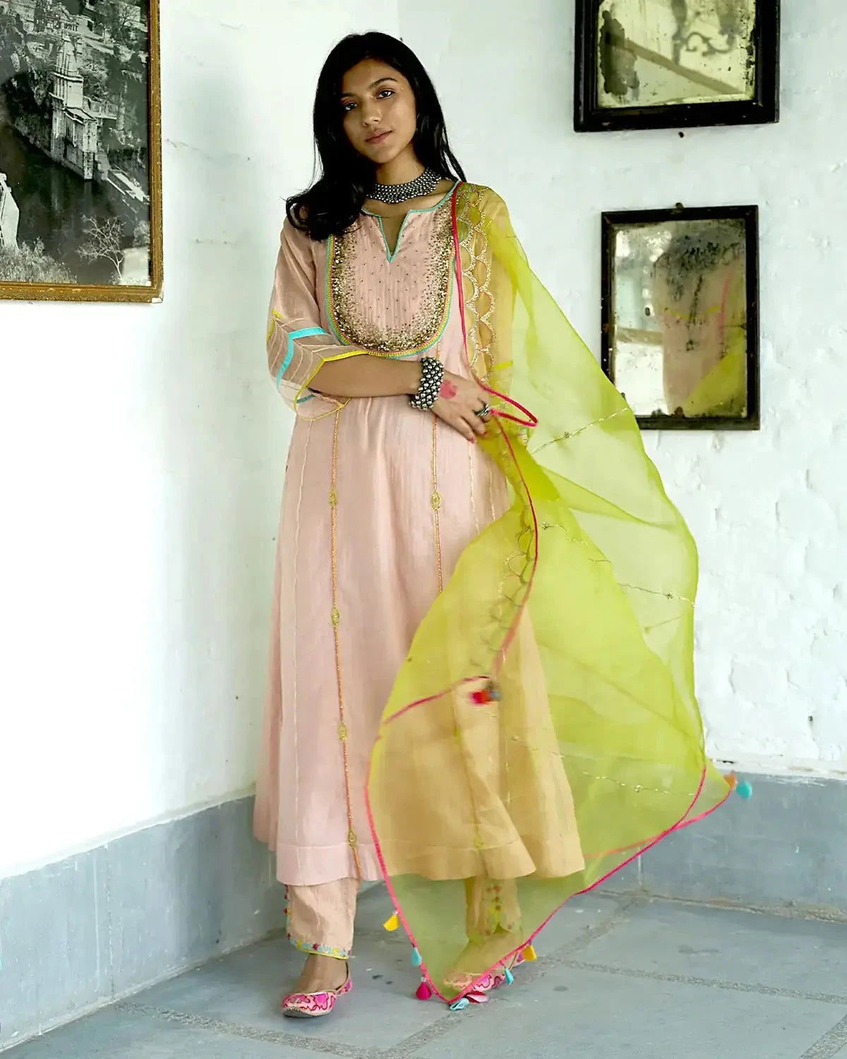 Firdaus Nude Pink Sequence Yoke Kurta Set - Pallodstore