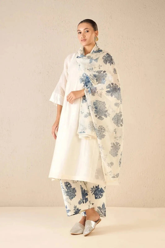 Floral Odyssey Ivory Pintuck Chanderi Choga Set 1 - Pallodstore
