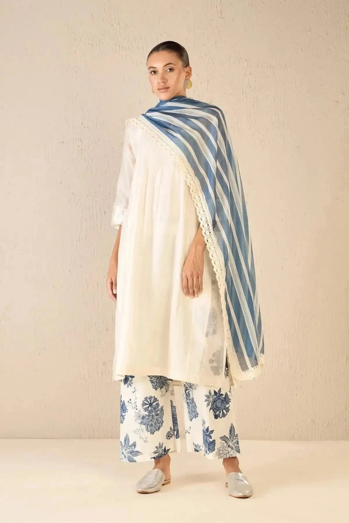 Floral Odyssey Ivory Pintuck Chanderi Choga Set 2 - Pallodstore