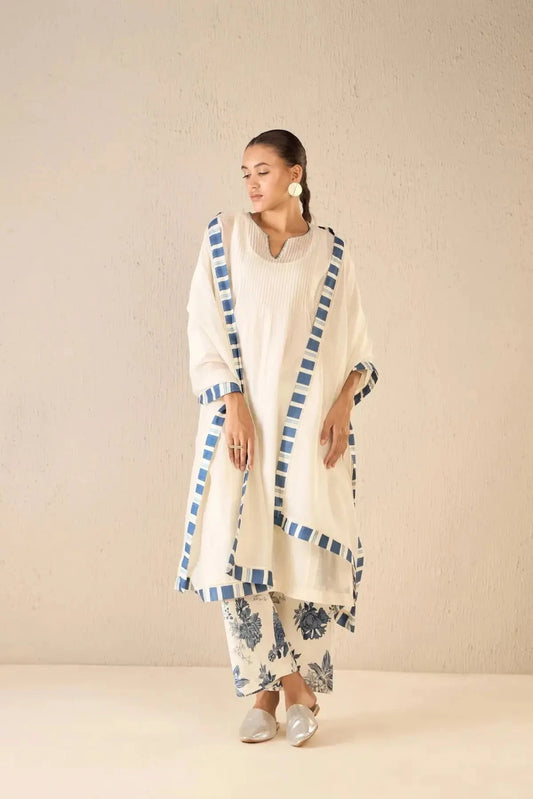 Floral Odyssey Ivory Pintuck Chanderi Choga Set 3 - Pallodstore