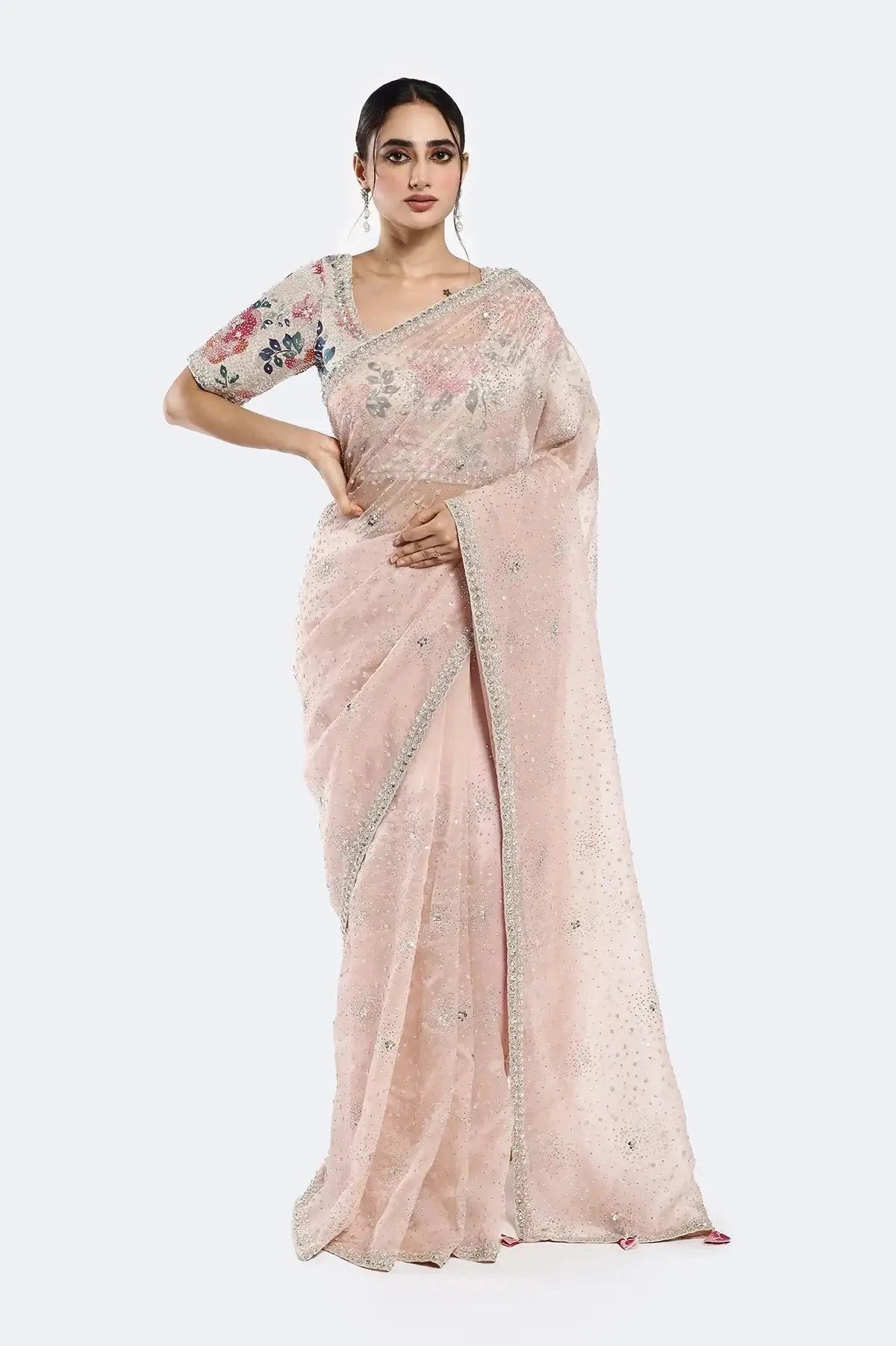 Floral Sequinned Organza Saree - Pallodstore