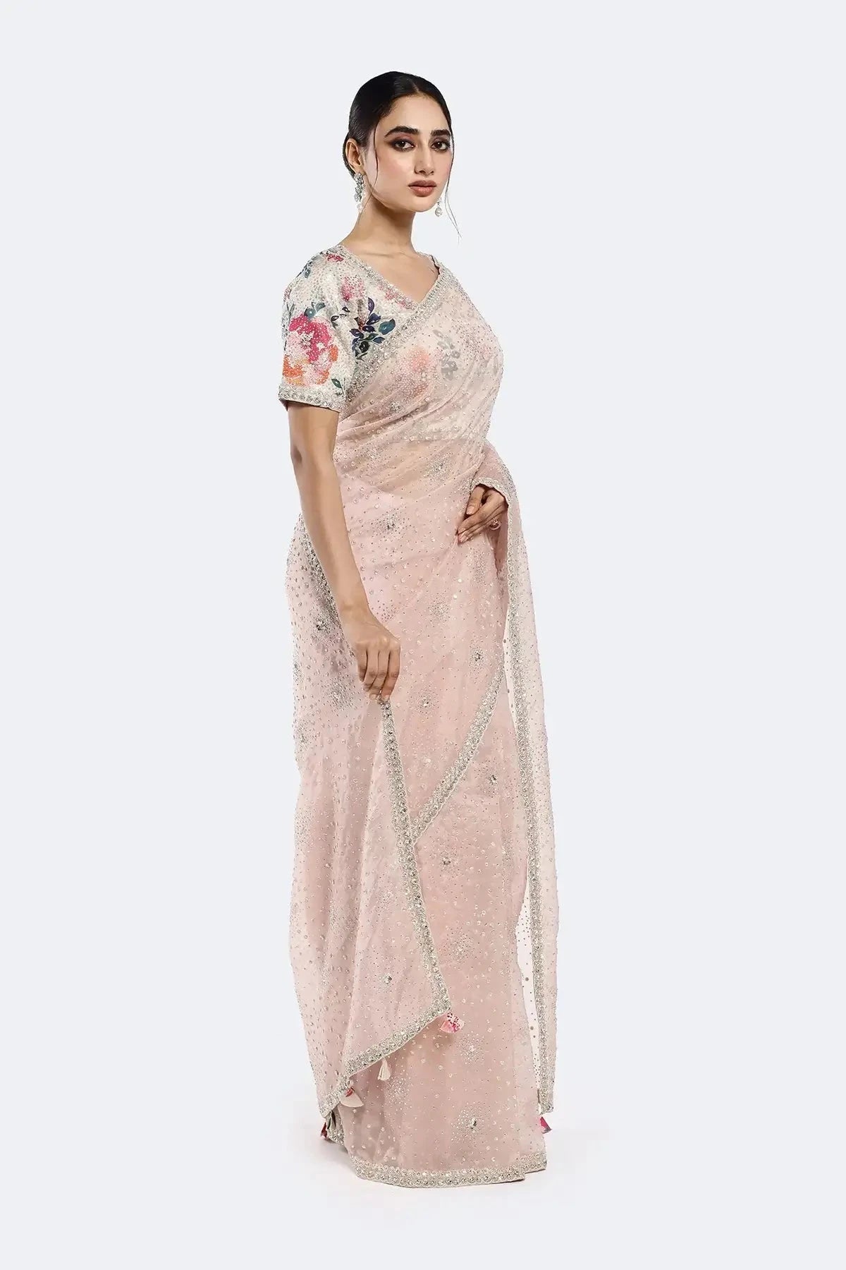 Floral Sequinned Organza Saree - Pallodstore