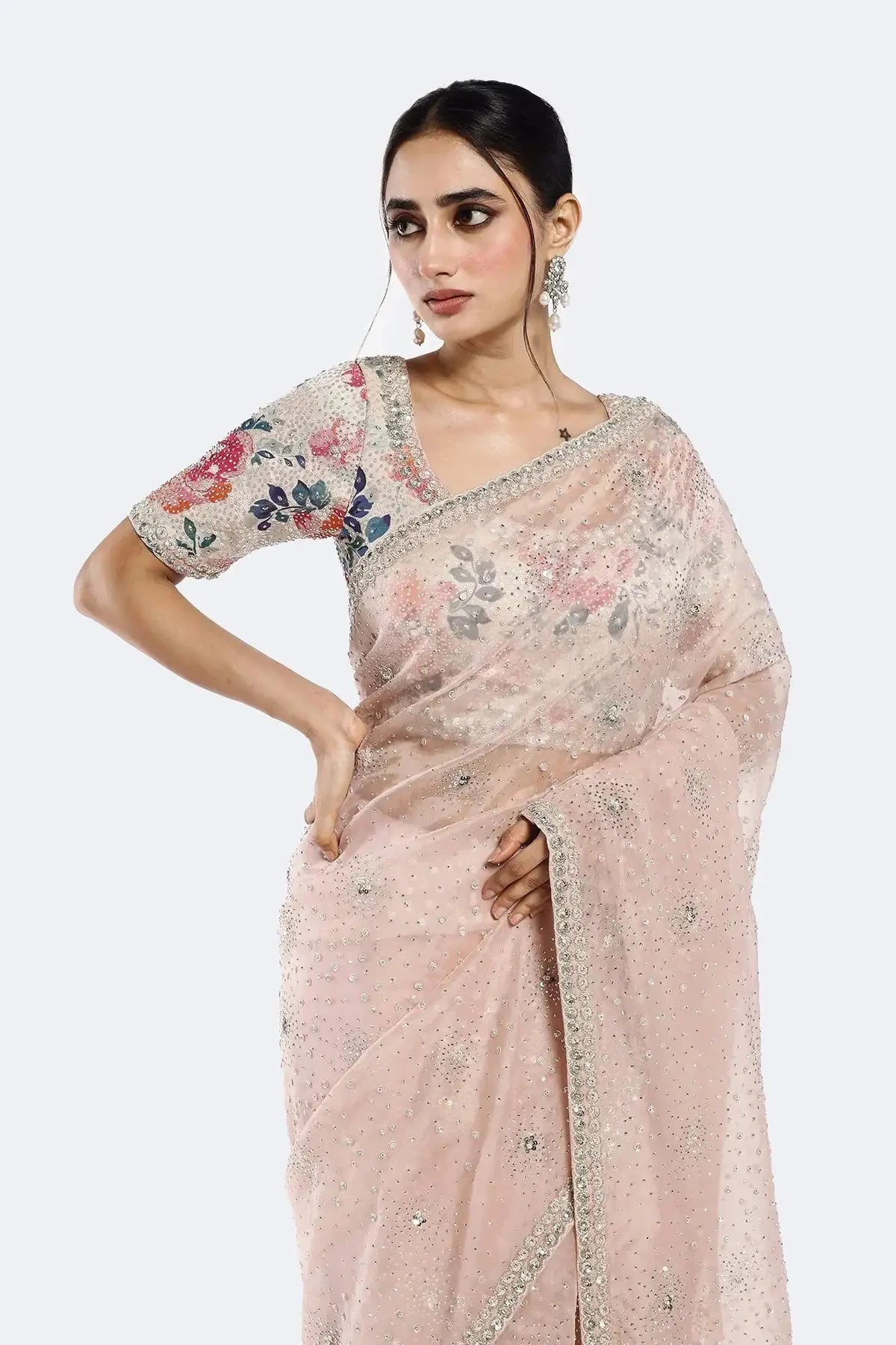 Floral Sequinned Organza Saree - Pallodstore