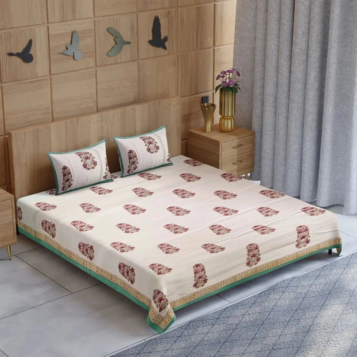 Glace Cotton Hand Block Printed Multicolor Double Bedsheet - Pallodstore