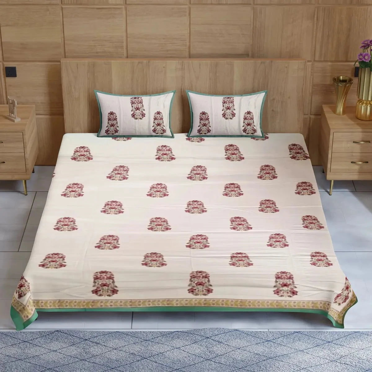 Glace Cotton Hand Block Printed Multicolor Double Bedsheet - Pallodstore