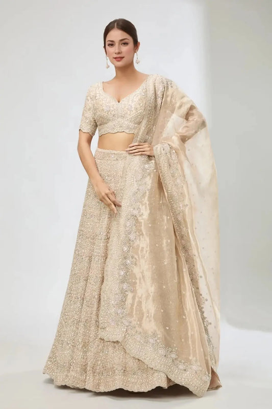 Gold Embroidered Floral Leaf Scallop Hem Lehenga Set - Pallodstore