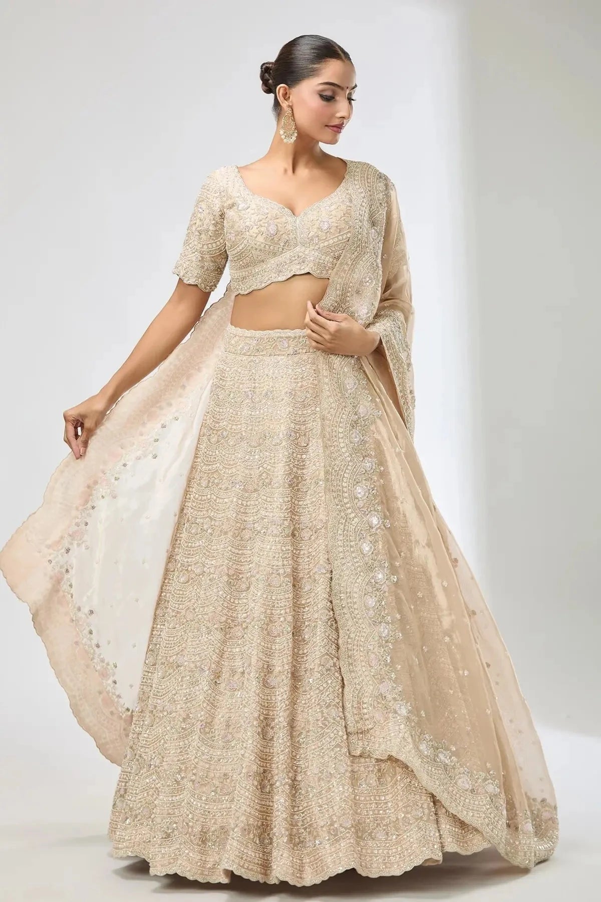 Gold Embroidered Floral Leaf Scallop Hem Lehenga Set - Pallodstore