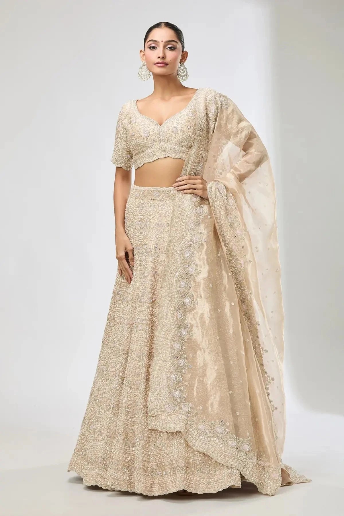 Gold Embroidered Floral Leaf Scallop Hem Lehenga Set - Pallodstore