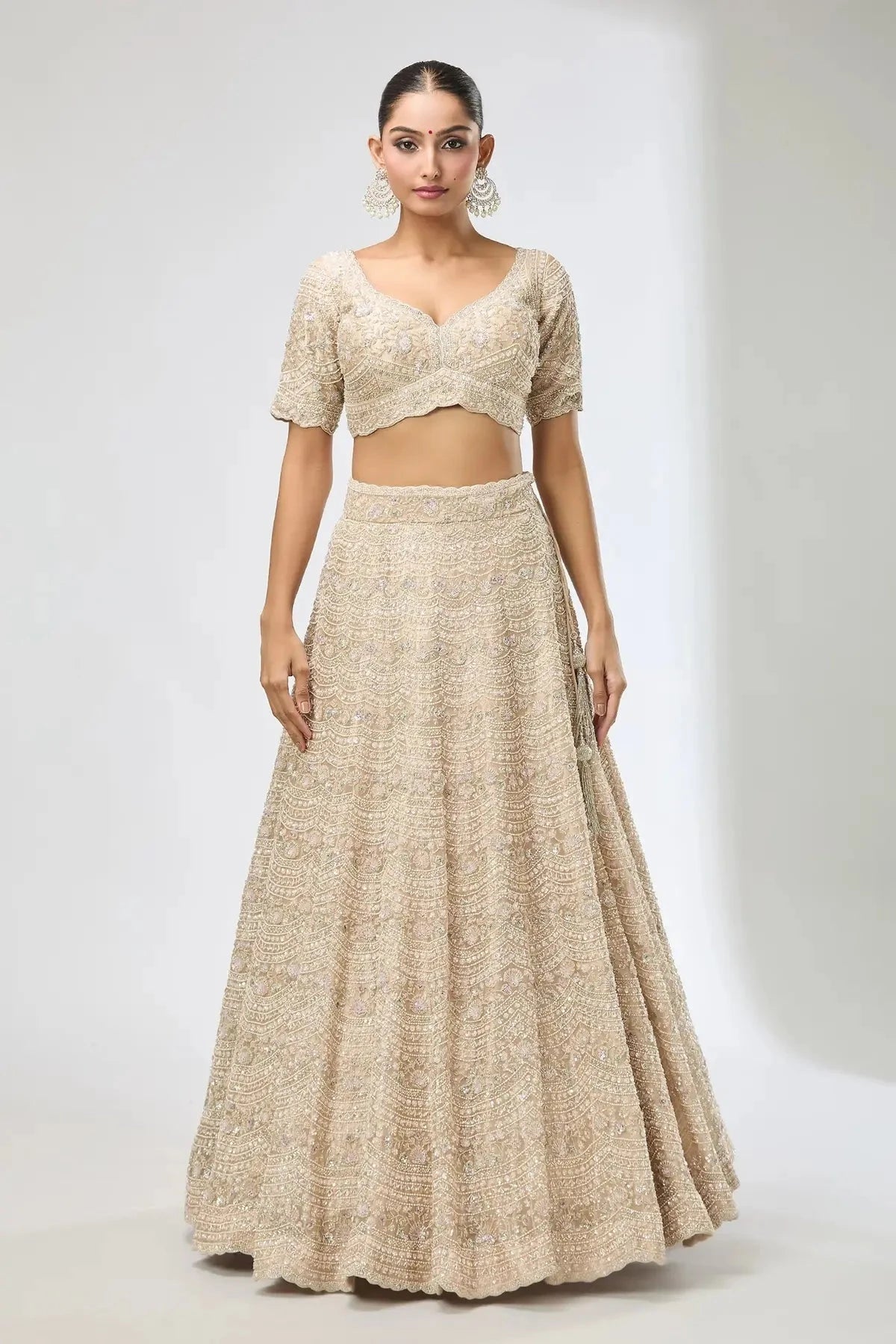 Gold Embroidered Floral Leaf Scallop Hem Lehenga Set - Pallodstore