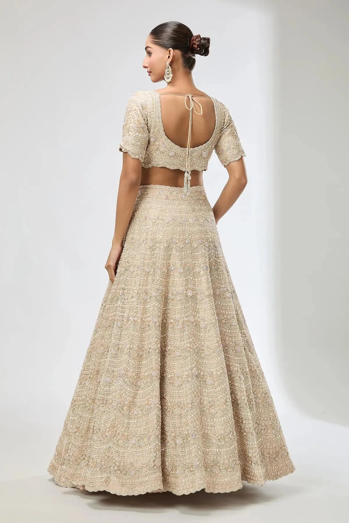 Gold Embroidered Floral Leaf Scallop Hem Lehenga Set - Pallodstore