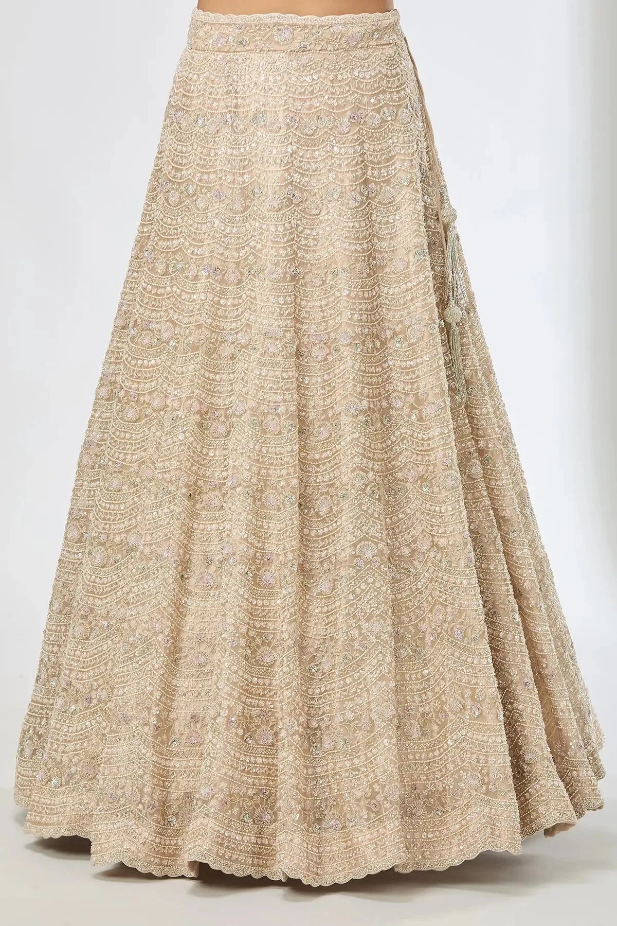 Gold Embroidered Floral Leaf Scallop Hem Lehenga Set - Pallodstore