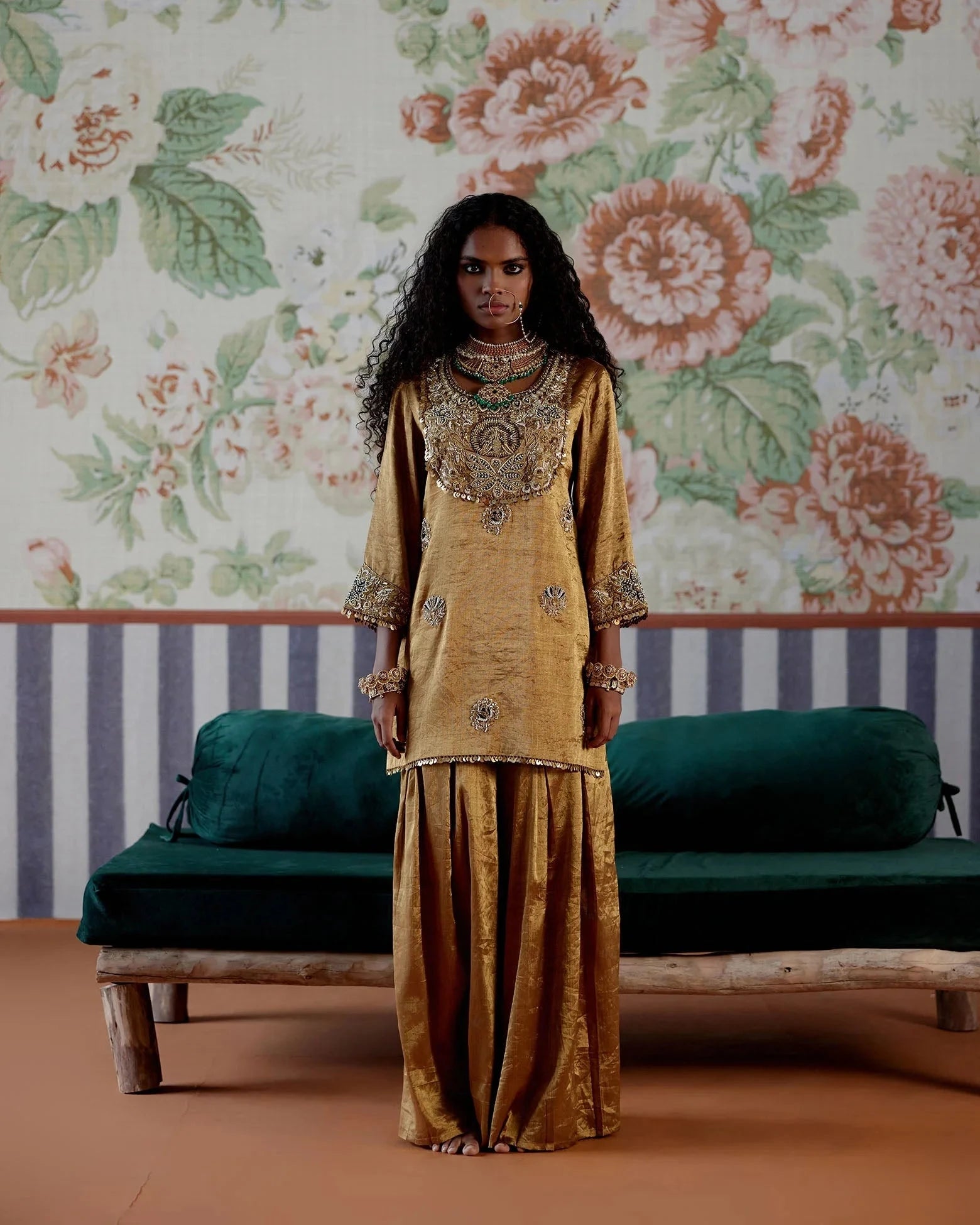 Gold Handwoven Tissue kurta with embroidered yoke with pants - Pallodstore