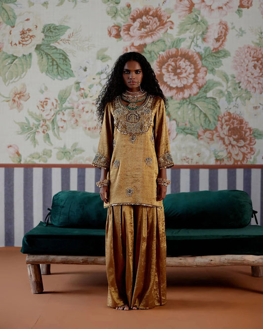 Gold Handwoven Tissue kurta with embroidered yoke with pants - Pallodstore