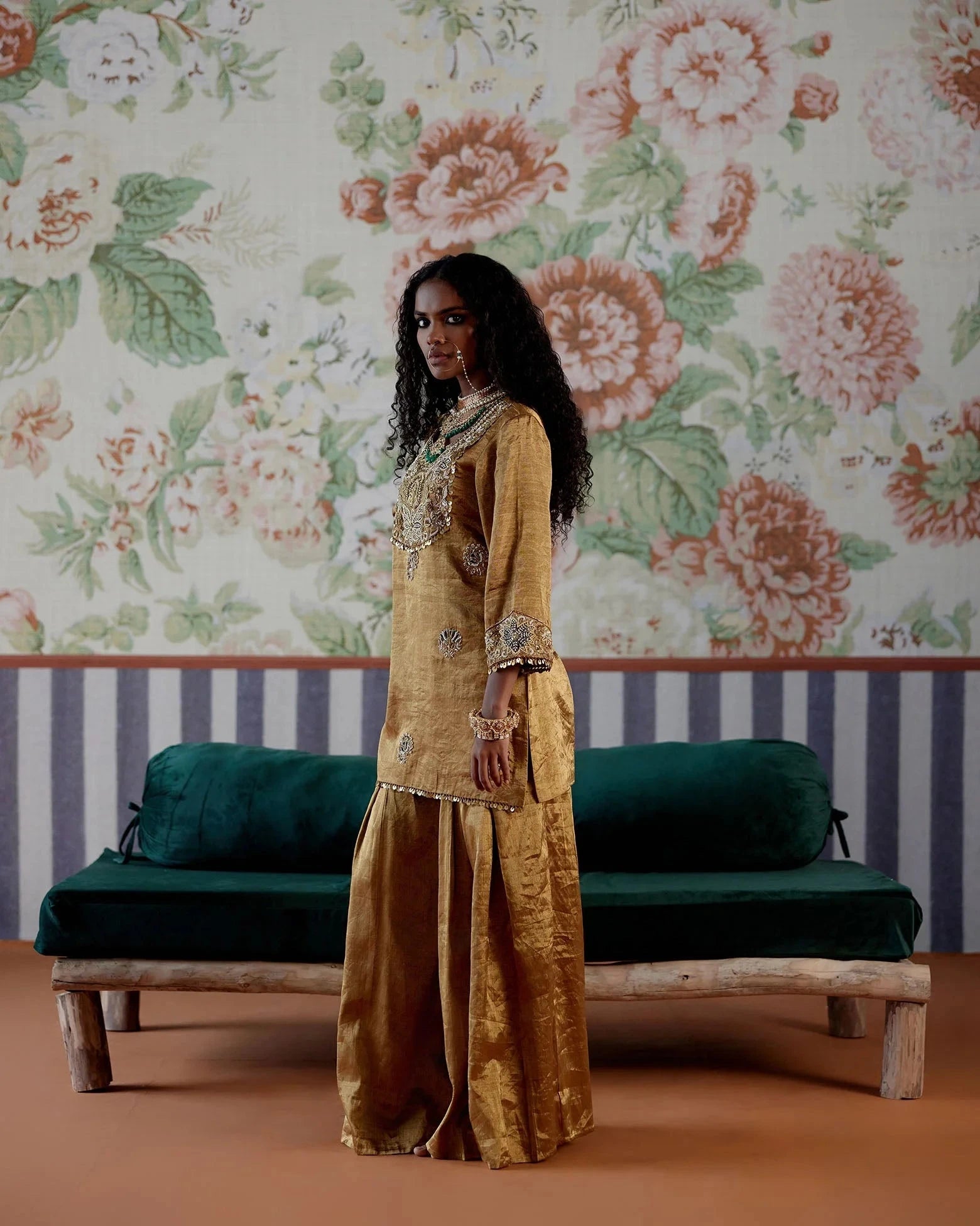Gold Handwoven Tissue kurta with embroidered yoke with pants - Pallodstore