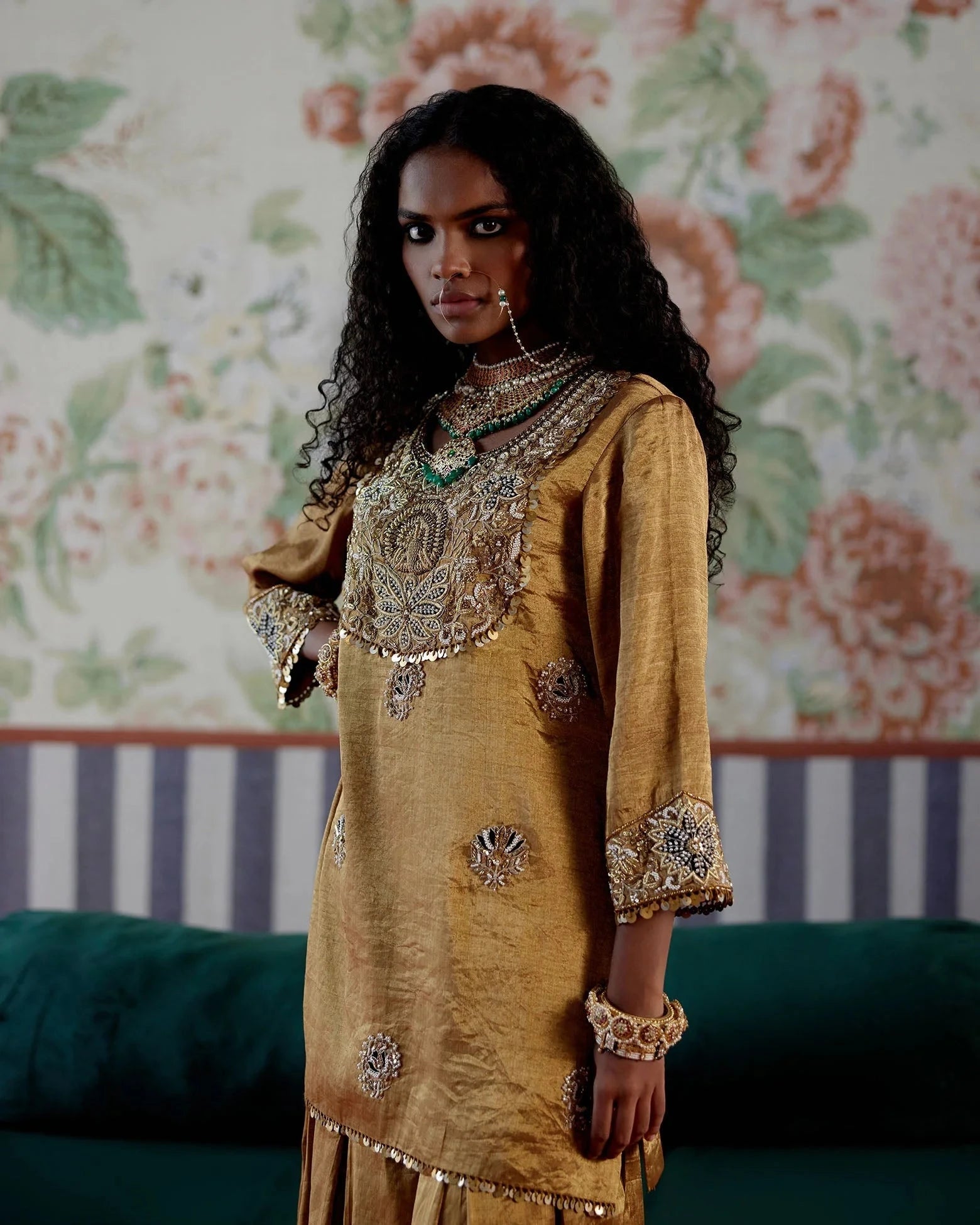 Gold Handwoven Tissue kurta with embroidered yoke with pants - Pallodstore