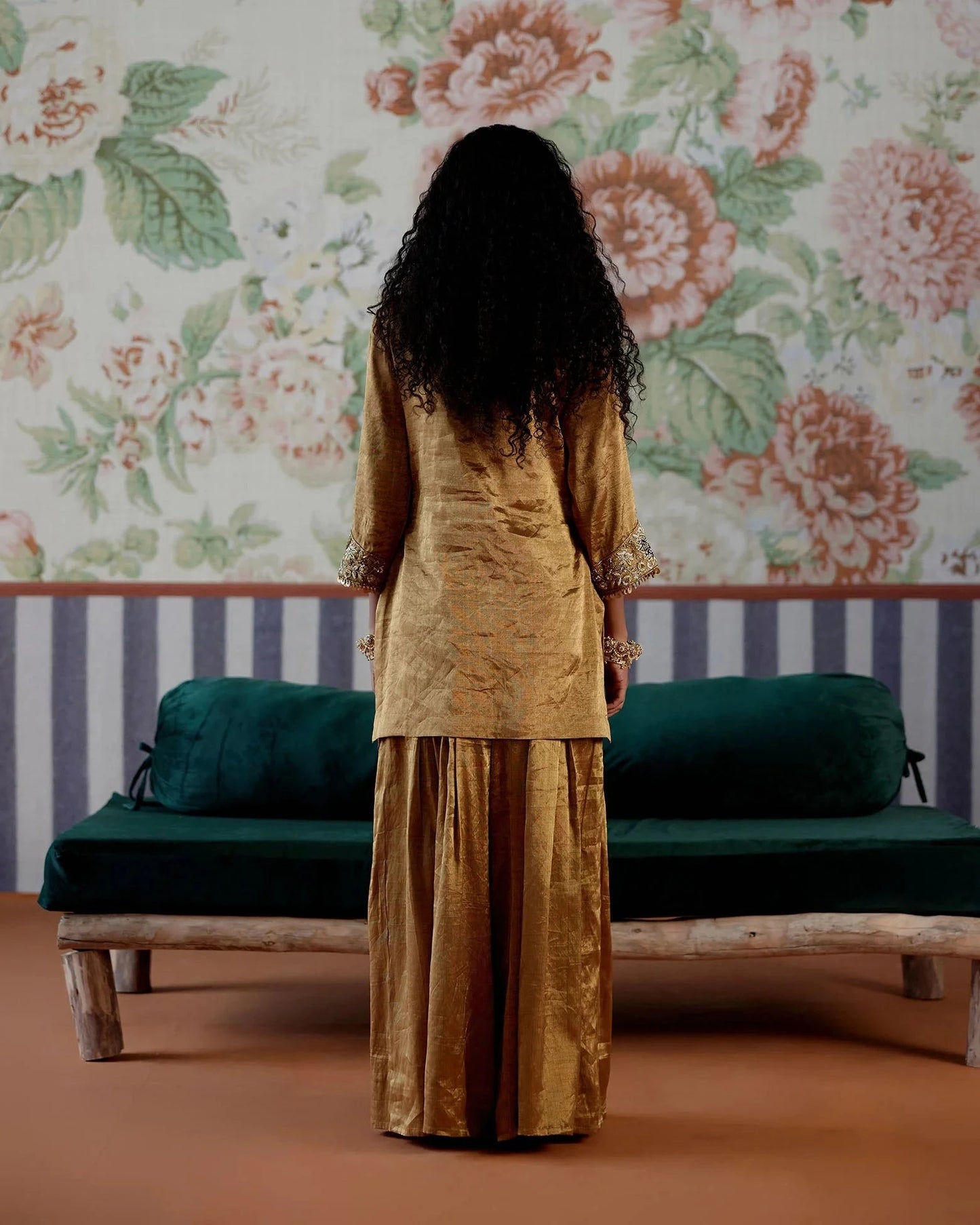 Gold Handwoven Tissue kurta with embroidered yoke with pants - Pallodstore