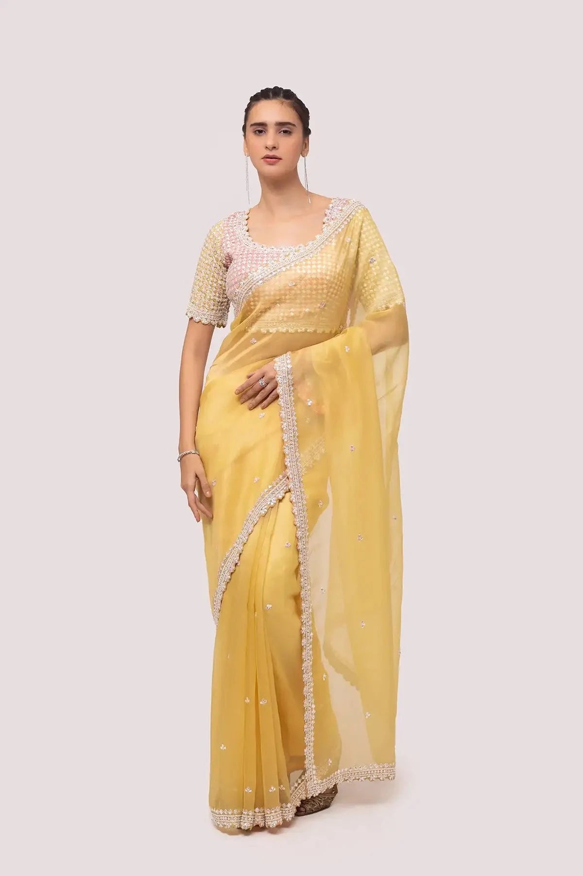 Gold Yellow Embroidered Organza Saree - Pallodstore