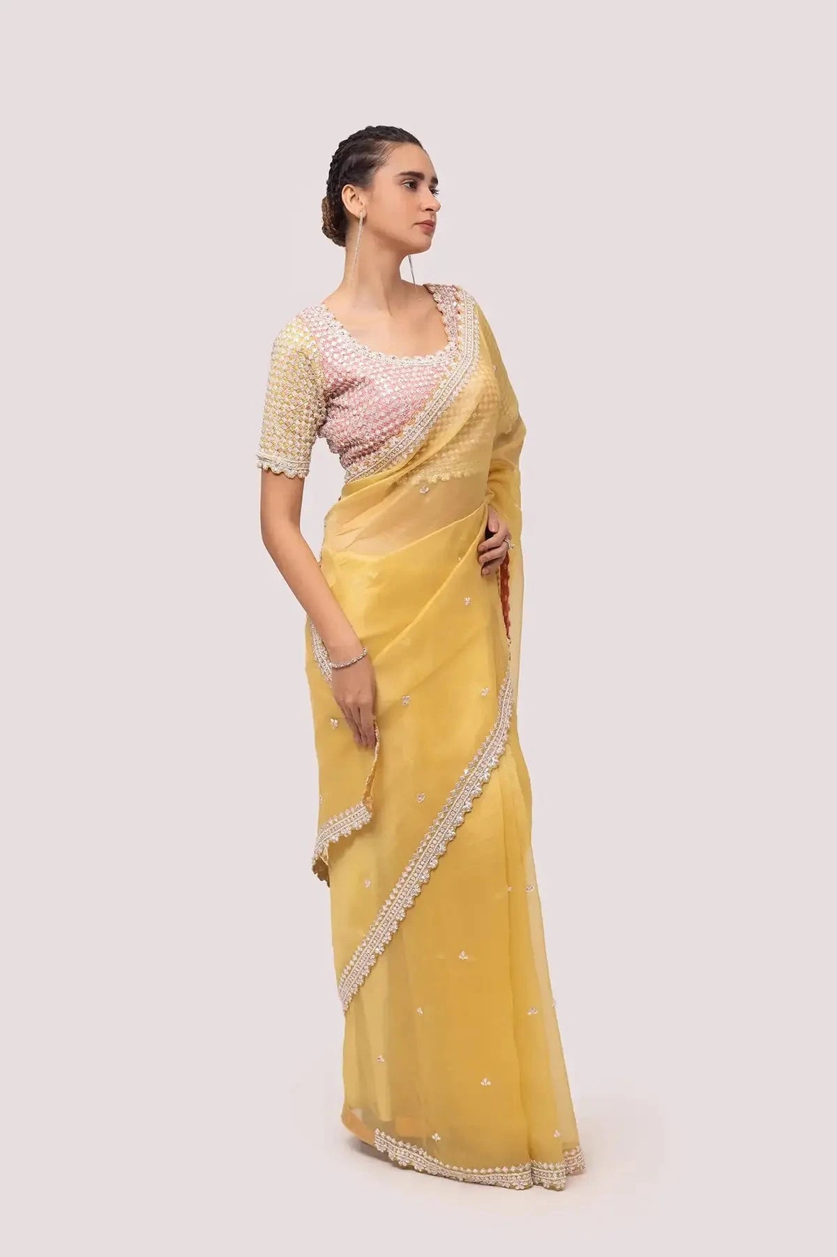 Gold Yellow Embroidered Organza Saree - Pallodstore