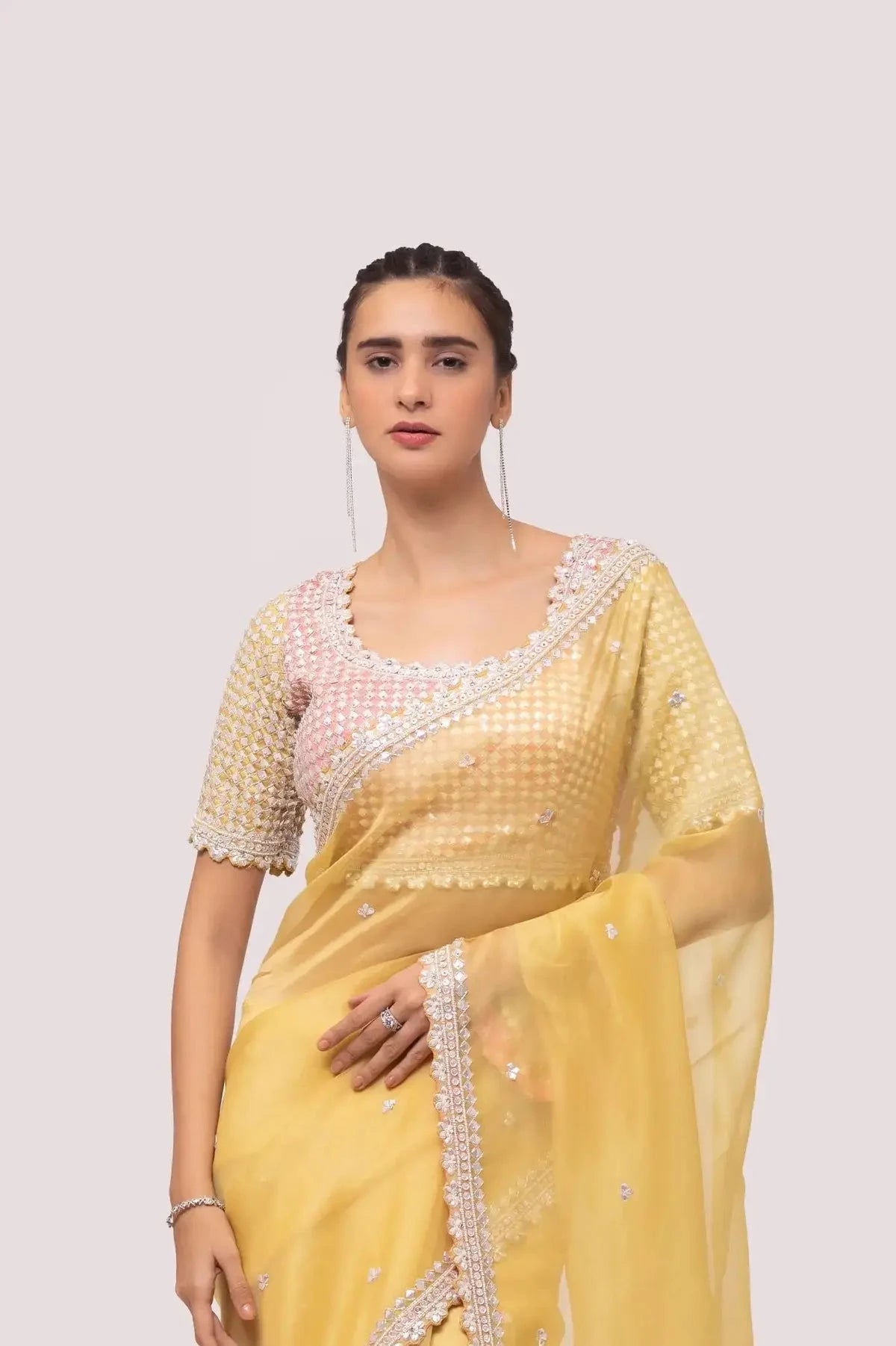 Gold Yellow Embroidered Organza Saree - Pallodstore